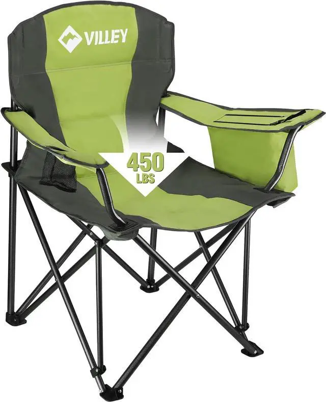 Main image of VILLEY Camping Chair, Oversized Folding Camp Chair, Portable Outdoor Chairs Support 450 LBS with Padded Seats, Cooler Bag, Cup Holder, Carry Bag, Green