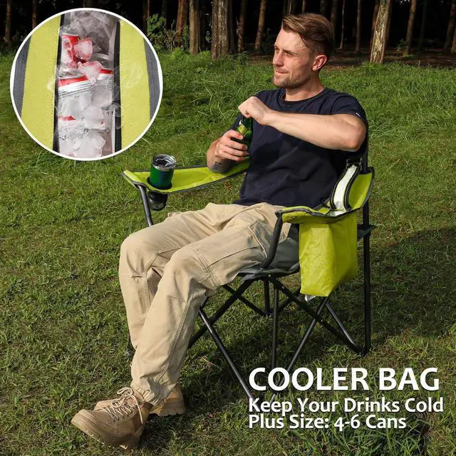Alt view image 3 of 7 - VILLEY Camping Chair, Oversized Folding Camp Chair, Portable Outdoor Chairs Support 450 LBS with Padded Seats, Cooler Bag, Cup Holder, Carry Bag, Green