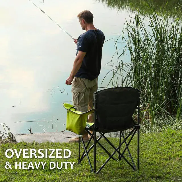 Alt view image 4 of 7 - VILLEY Camping Chair, Oversized Folding Camp Chair, Portable Outdoor Chairs Support 450 LBS with Padded Seats, Cooler Bag, Cup Holder, Carry Bag, Green