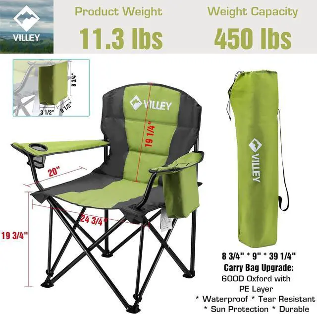 Alt view image 5 of 7 - VILLEY Camping Chair, Oversized Folding Camp Chair, Portable Outdoor Chairs Support 450 LBS with Padded Seats, Cooler Bag, Cup Holder, Carry Bag, Green