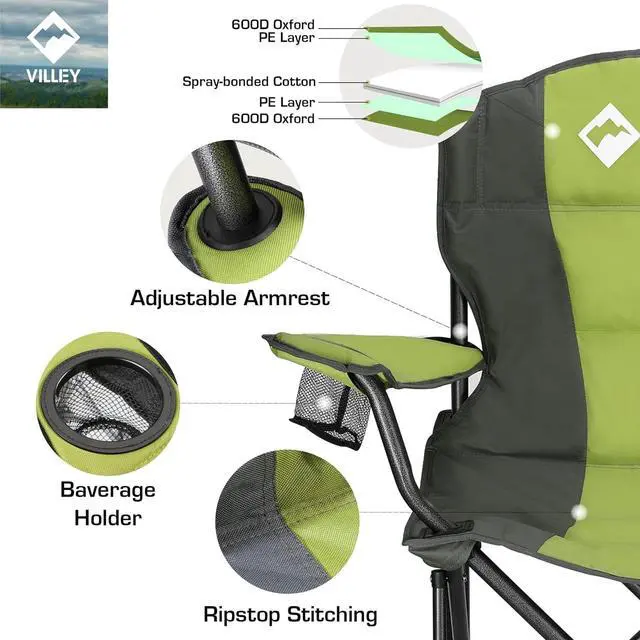 Alt view image 6 of 7 - VILLEY Camping Chair, Oversized Folding Camp Chair, Portable Outdoor Chairs Support 450 LBS with Padded Seats, Cooler Bag, Cup Holder, Carry Bag, Green