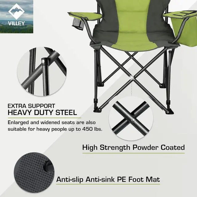 Alt view image 7 of 7 - VILLEY Camping Chair, Oversized Folding Camp Chair, Portable Outdoor Chairs Support 450 LBS with Padded Seats, Cooler Bag, Cup Holder, Carry Bag, Green