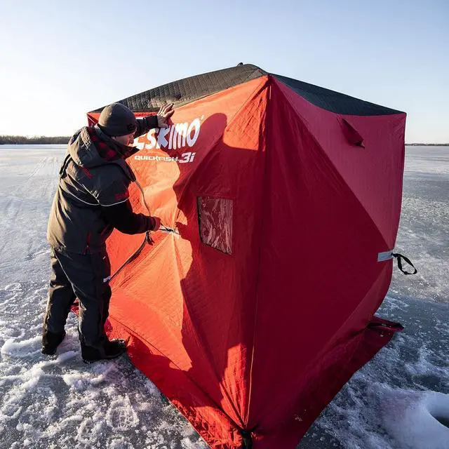 Alt view image 5 of 7 - Eskimo 69445 Quickfish 3i Insulated Pop-Up Portable Hub-Style Ice Fishing Shelter, 34 Square Feet of Fishable Area, 3 Person Shelter, Red