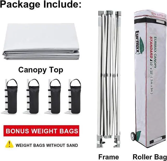 Alt view image 6 of 7 - Eurmax USA Patented 10x10 Pop Up Canopy Tent Party Tent Commercial Instant Canopies Shelter with Heavy Duty Roller Bag,Bonus 4 Sand Bags (Snow White)