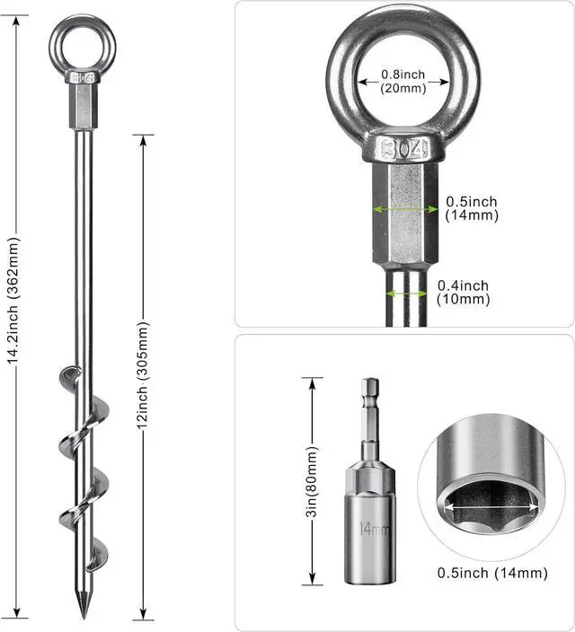 Alt view image 7 of 7 - 12 Inch Ground Anchors, 8 Pcs Heavy Duty Tent Stakes, Easy to Install and Reusable, for Camping Tents, Trampolines, Sheds, Swing Sets, Securing Animals