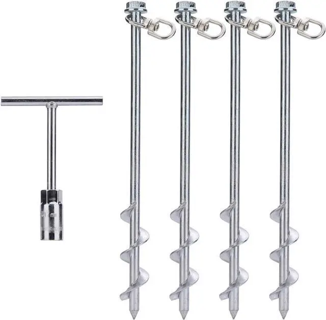 Main image of MightyPhine Steel Screw Ground Anchors - Set of 4, 12 Inch, Silver, Metal - Tent Stakes, Trampoline Anchor Kit, Swing Set Anchors, High Wind Resistance