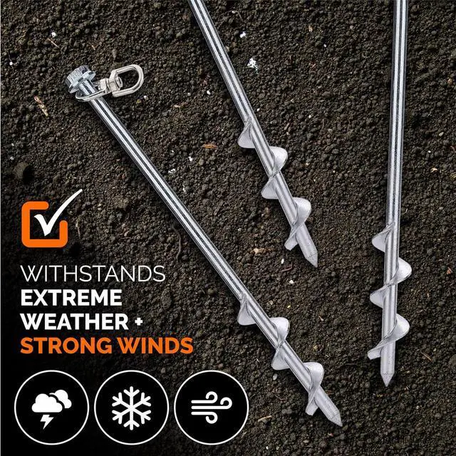 Alt view image 4 of 7 - MightyPhine Steel Screw Ground Anchors - Set of 4, 12 Inch, Silver, Metal - Tent Stakes, Trampoline Anchor Kit, Swing Set Anchors, High Wind Resistance