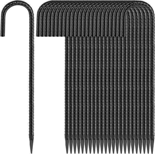 Main image of 16 Inches 24-Pack J Hook Rebar Stakes Heavy Duty Tent Stakes with Chisel Point End, Steel Ground Anchors Metal Garden Stakes Chain Link Fence Stakes Black Coated