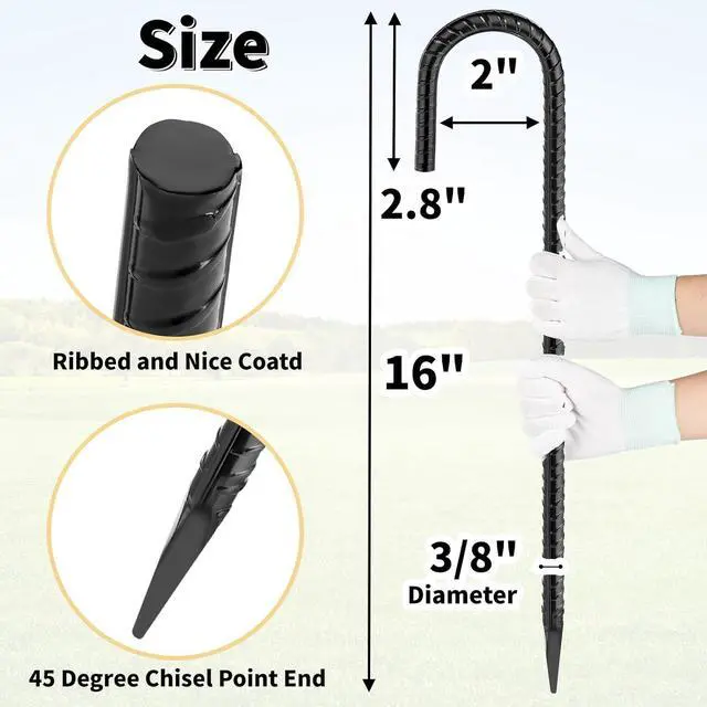Alt view image 2 of 7 - 16 Inches 24-Pack J Hook Rebar Stakes Heavy Duty Tent Stakes with Chisel Point End, Steel Ground Anchors Metal Garden Stakes Chain Link Fence Stakes Black Coated