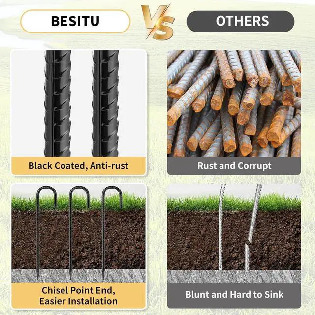 Alt view image 3 of 7 - 16 Inches 24-Pack J Hook Rebar Stakes Heavy Duty Tent Stakes with Chisel Point End, Steel Ground Anchors Metal Garden Stakes Chain Link Fence Stakes Black Coated