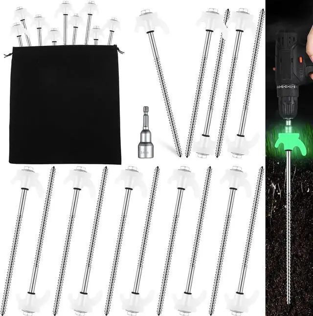 Main image of 40 Pcs 8" Screw in Tent Stakes Heavy Duty Tent Stakes Drillable Ground Anchors Screw Metal Tent Pegs Threaded Tent Spikes with Head Driver for Swing Inflatable Decor (Illuminant White)