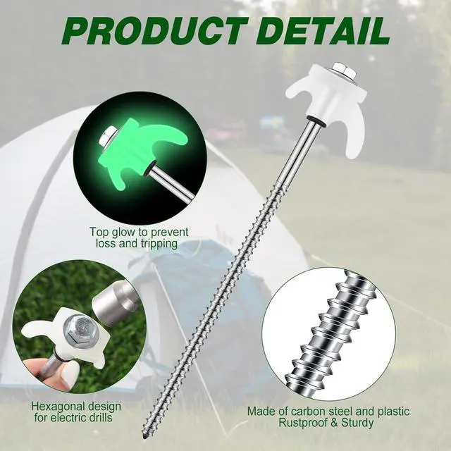 Alt view image 3 of 6 - 40 Pcs 8" Screw in Tent Stakes Heavy Duty Tent Stakes Drillable Ground Anchors Screw Metal Tent Pegs Threaded Tent Spikes with Head Driver for Swing Inflatable Decor (Illuminant White)