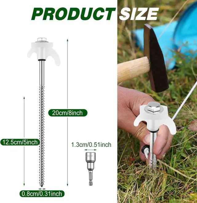 Alt view image 2 of 6 - 40 Pcs 8" Screw in Tent Stakes Heavy Duty Tent Stakes Drillable Ground Anchors Screw Metal Tent Pegs Threaded Tent Spikes with Head Driver for Swing Inflatable Decor (Illuminant White)