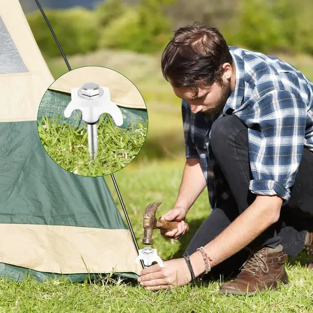 Alt view image 5 of 6 - 40 Pcs 8" Screw in Tent Stakes Heavy Duty Tent Stakes Drillable Ground Anchors Screw Metal Tent Pegs Threaded Tent Spikes with Head Driver for Swing Inflatable Decor (Illuminant White)