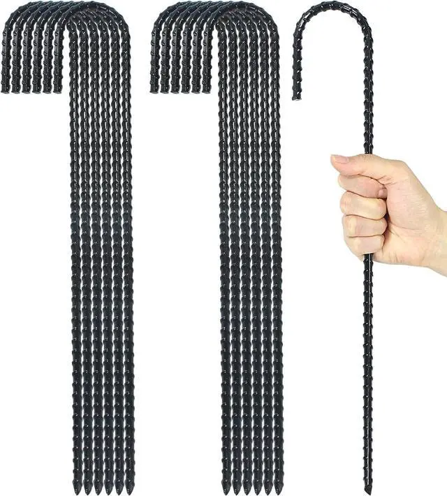 Main image of 16 Inch Ground Rebar Stakes, J Hook Extra Heavy Duty Rust Proof Coated Steel Ground Anchors with Chisel Point End for Camping Tent and Canopy Tent (16)