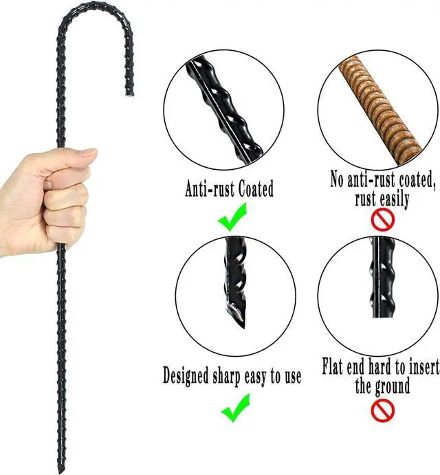 Alt view image 4 of 7 - 16 Inch Ground Rebar Stakes, J Hook Extra Heavy Duty Rust Proof Coated Steel Ground Anchors with Chisel Point End for Camping Tent and Canopy Tent (16)