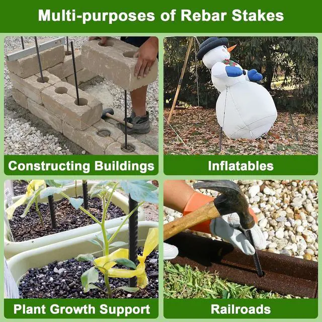 Alt view image 5 of 6 - AAGUT 16 Inch Rebar Stakes Heavy Duty 16 Pack 3/8" Diameter Landscape Timber Spikes, Straight Stakes with Chisel Point End, Ground Anchors for Camping Tent, Garden Plant Support, Concrete, Black