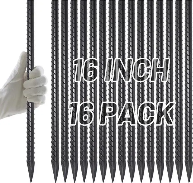 Main image of AAGUT 16 Inch Rebar Stakes Heavy Duty 16 Pack 3/8" Diameter Landscape Timber Spikes, Straight Stakes with Chisel Point End, Ground Anchors for Camping Tent, Garden Plant Support, Concrete, Black