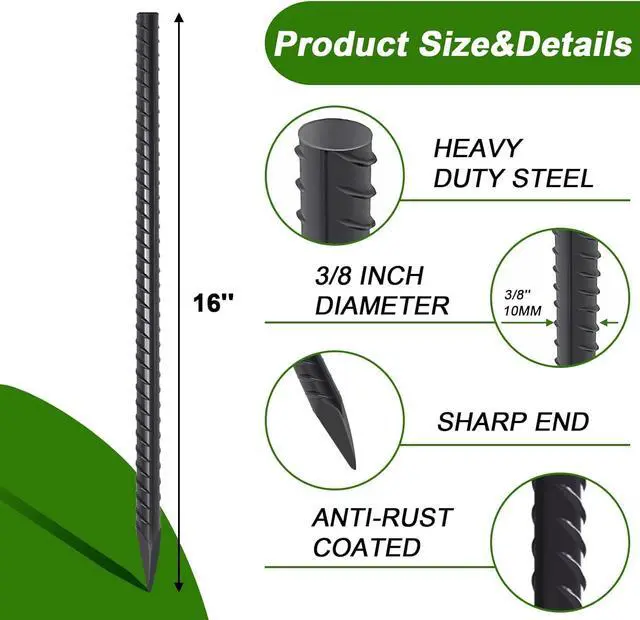 Alt view image 2 of 6 - AAGUT 16 Inch Rebar Stakes Heavy Duty 16 Pack 3/8" Diameter Landscape Timber Spikes, Straight Stakes with Chisel Point End, Ground Anchors for Camping Tent, Garden Plant Support, Concrete, Black