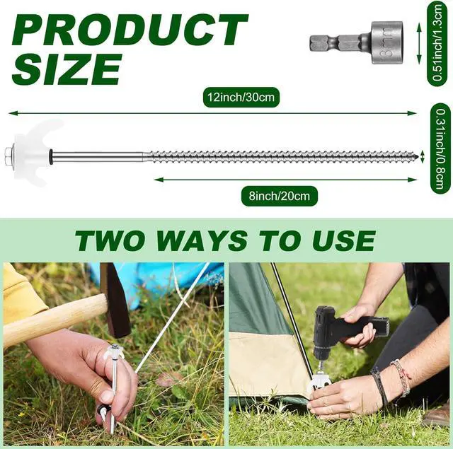 Alt view image 2 of 6 - JaGely 40 Pcs 12 Inch Screw in Tent Stakes Heavy Duty Ground Anchors Metal Threaded Spikes Camping Stake Screw in Tent Pegs with Hex Head Driver for Camping Travel Decor Outdoor (Luminous White)