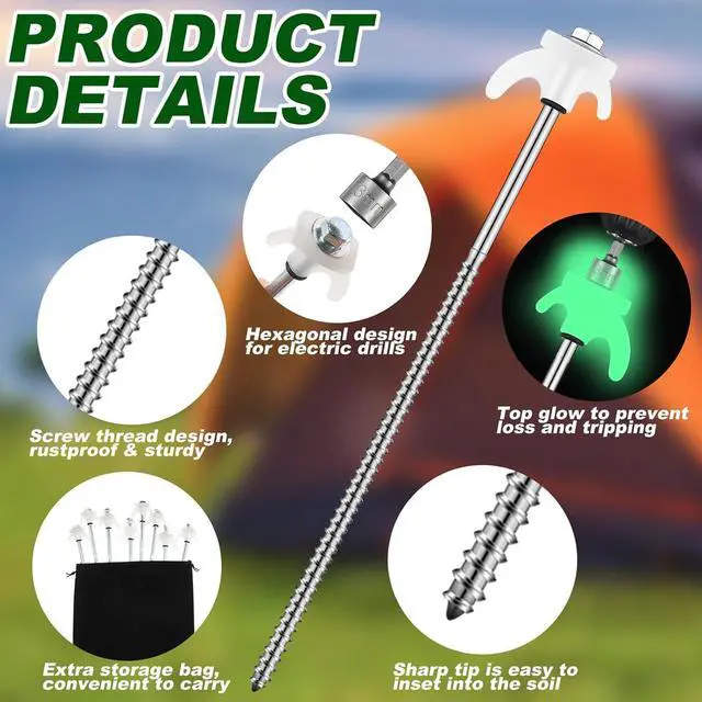 Alt view image 3 of 6 - JaGely 40 Pcs 12 Inch Screw in Tent Stakes Heavy Duty Ground Anchors Metal Threaded Spikes Camping Stake Screw in Tent Pegs with Hex Head Driver for Camping Travel Decor Outdoor (Luminous White)