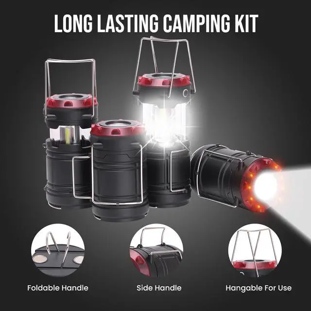 Alt view image 5 of 7 - Lichamp 4 Pack Lantern Camping Essentials Lights, Battery Powered Collapsible Lanterns Flashlights with Red Strobe/SOS, Magnetic Base, for Power Outages, Hurricane, Tent Lights for Emergency