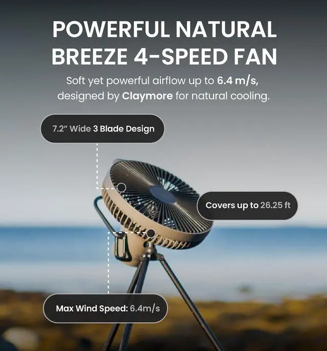 Alt view image 3 of 7 - Claymore V1040 Fan (Black) - Premium Rechargeable Portable Air Circulator. Powerful, Quiet with Large 10,400mAh Battery, Versatile Stand & Remote Control. Up to 23 Hours Runtime, All Seasons.