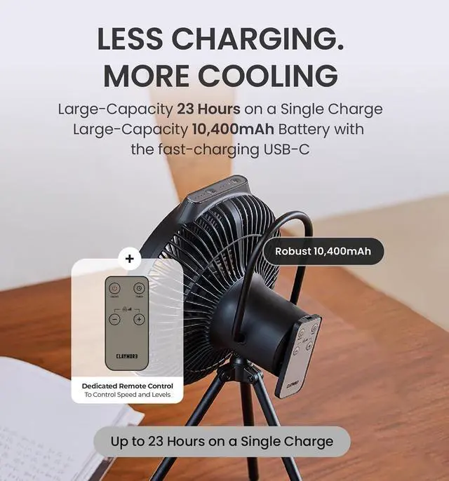 Alt view image 5 of 7 - Claymore V1040 Fan (Black) - Premium Rechargeable Portable Air Circulator. Powerful, Quiet with Large 10,400mAh Battery, Versatile Stand & Remote Control. Up to 23 Hours Runtime, All Seasons.