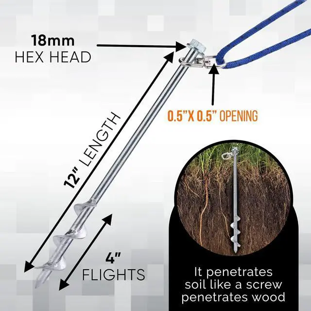 Alt view image 6 of 7 - MightyPhine Steel Screw Ground Anchors - Set of 4, 12 Inch, Silver, Metal - Tent Stakes, Trampoline Anchor Kit, Swing Set Anchors, High Wind Resistance