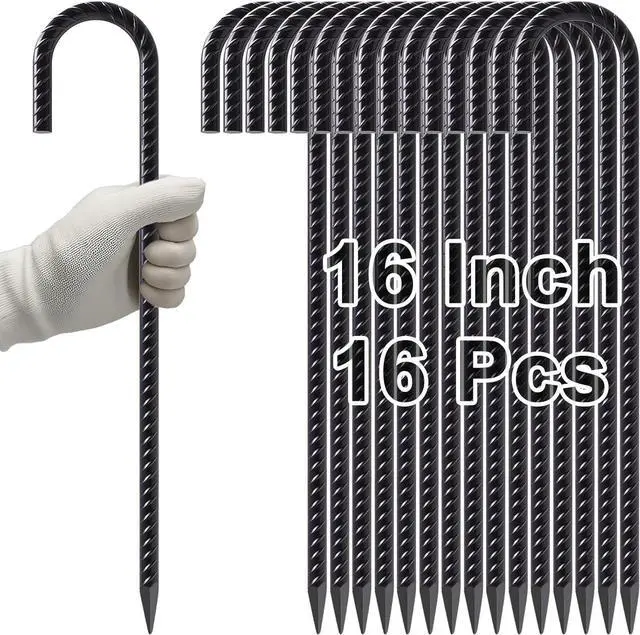 Main image of VVOKGO Rebar Stakes 16 Inches J Hook Heavy Duty Chain Link Fence Stakes, 16 Pcs Metal Long Tent Spikes Ground Anchors for Wire Fencing, Dogs Digging, Camping Tents, Swings, Greenhouse, Black