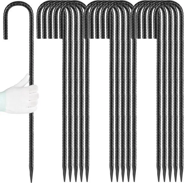 Main image of 24 inches J Hook Rebar Stakes (16-Pack), Extra Long Garden Stakes with Chisel Point End Steel Rebar Ground Stakes for Tent Chain Link Fence and Outdoor Decorations Black Coated