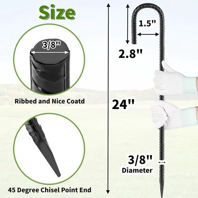 Alt view image 2 of 7 - 24 inches J Hook Rebar Stakes (16-Pack), Extra Long Garden Stakes with Chisel Point End Steel Rebar Ground Stakes for Tent Chain Link Fence and Outdoor Decorations Black Coated