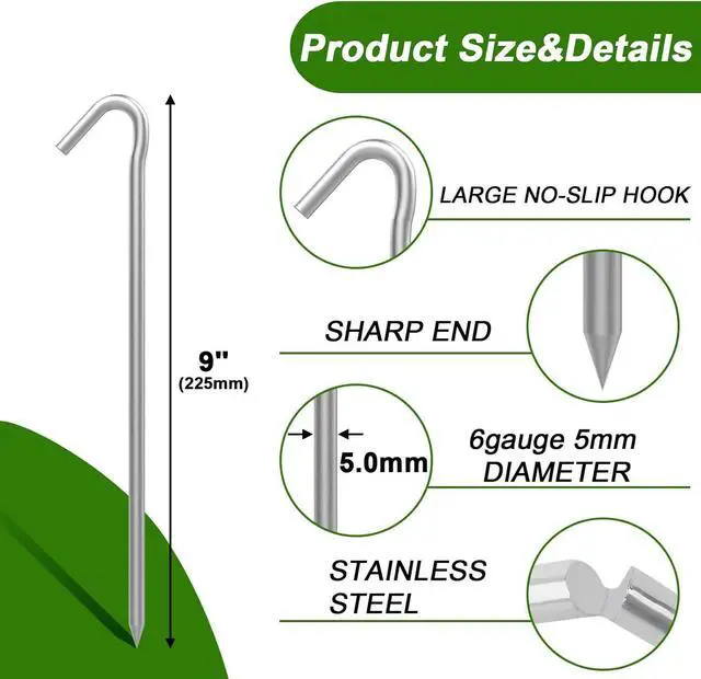 Alt view image 2 of 7 - AAGUT Tent Stakes, Tent Stake Metal Garden Edging Fence Hooks Yard Camping Stake Heavy Duty Galvanized 9 Inch (9 Inch Tent Stakes ONLY, 50)