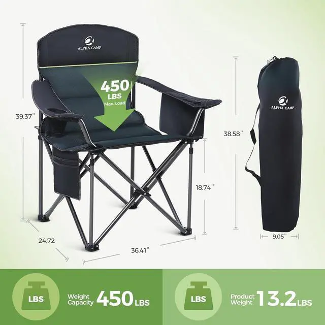 Alt view image 2 of 7 - LET'S CAMP Oversized Folding Camping Chair Portable Outdoor Heavy Duty Padded Chairs Lawn Chair with Cup Holder, Storage Pocket and Cooler Bag, Supports 450LBS, for Camp, Travel, Picnic (Green)