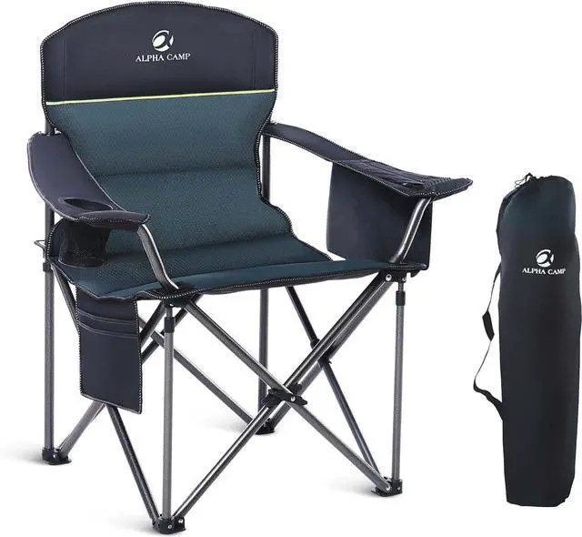 Main image of LET'S CAMP Oversized Folding Camping Chair Portable Outdoor Heavy Duty Padded Chairs Lawn Chair with Cup Holder, Storage Pocket and Cooler Bag, Supports 450LBS, for Camp, Travel, Picnic (Green)