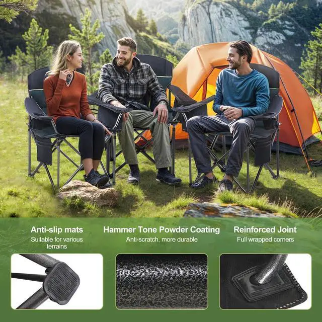 Alt view image 5 of 7 - LET'S CAMP Oversized Folding Camping Chair Portable Outdoor Heavy Duty Padded Chairs Lawn Chair with Cup Holder, Storage Pocket and Cooler Bag, Supports 450LBS, for Camp, Travel, Picnic (Green)