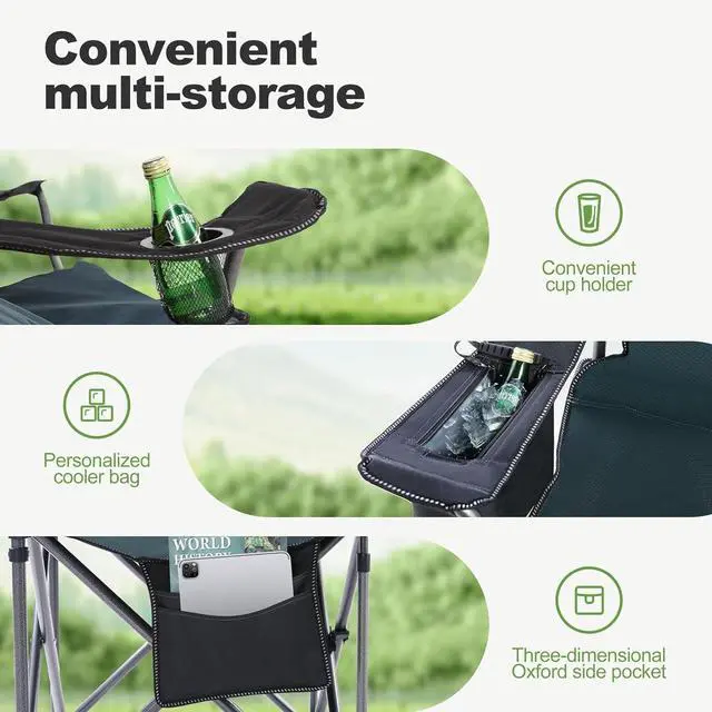 Alt view image 6 of 7 - LET'S CAMP Oversized Folding Camping Chair Portable Outdoor Heavy Duty Padded Chairs Lawn Chair with Cup Holder, Storage Pocket and Cooler Bag, Supports 450LBS, for Camp, Travel, Picnic (Green)