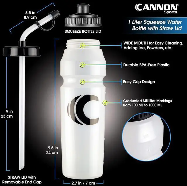 Alt view image 2 of 7 - Cannon Sports 1 Liter Sports Water Bottle, BPA-Free, 34 Oz Capacity, Large Mouth, 2 lids (Straw and Squeeze), Great For Helmet Sports Such As Hockey, Lacrosse, Football, Boxing (2 Pack) (Clear)