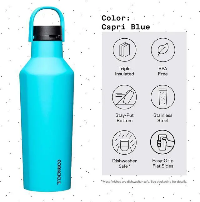 Alt view image 4 of 7 - Corkcicle Sport Canteen - Keeps Drinks Cold 25 Hours - Stainless Steel Water Bottle - Triple-Insulated - Spill-Proof - Summer Drinkware Gift - Keeps Drinks Ice Cold - 32 oz - Capri Blue