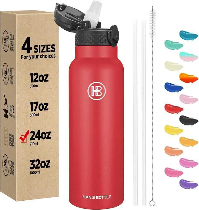 Main image of Han's Bottle Sports Water Bottle - 24 Oz, Straw Lid, Leak Proof, Vacuum Insulated Stainless Steel, Double Walled, Thermo Mug,Red