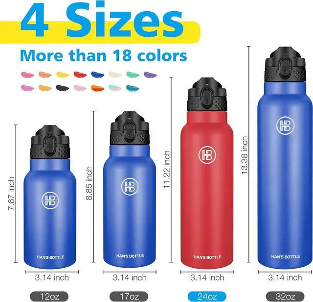 Alt view image 2 of 7 - Han's Bottle Sports Water Bottle - 24 Oz, Straw Lid, Leak Proof, Vacuum Insulated Stainless Steel, Double Walled, Thermo Mug,Red