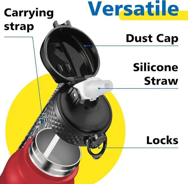 Alt view image 3 of 7 - Han's Bottle Sports Water Bottle - 24 Oz, Straw Lid, Leak Proof, Vacuum Insulated Stainless Steel, Double Walled, Thermo Mug,Red