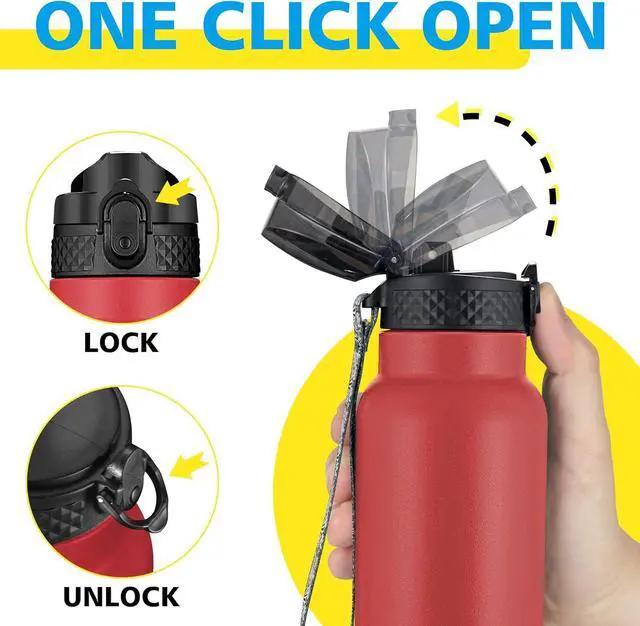 Alt view image 4 of 7 - Han's Bottle Sports Water Bottle - 24 Oz, Straw Lid, Leak Proof, Vacuum Insulated Stainless Steel, Double Walled, Thermo Mug,Red