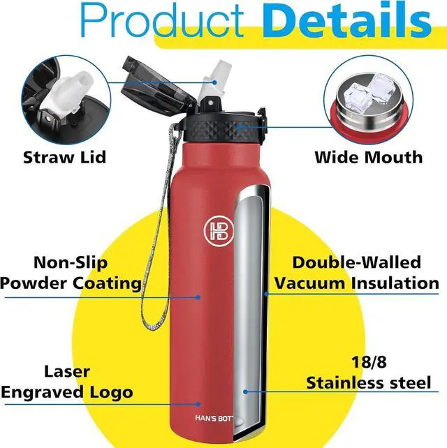Alt view image 5 of 7 - Han's Bottle Sports Water Bottle - 24 Oz, Straw Lid, Leak Proof, Vacuum Insulated Stainless Steel, Double Walled, Thermo Mug,Red