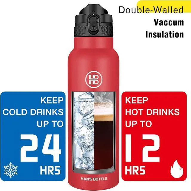 Alt view image 6 of 7 - Han's Bottle Sports Water Bottle - 24 Oz, Straw Lid, Leak Proof, Vacuum Insulated Stainless Steel, Double Walled, Thermo Mug,Red
