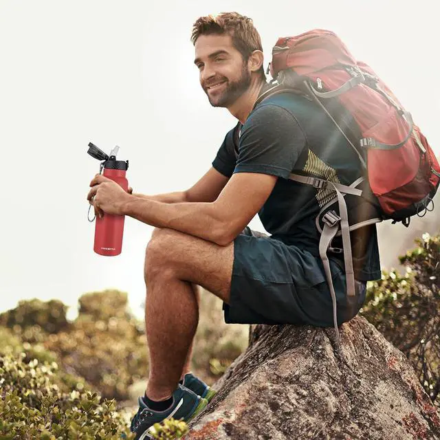 Alt view image 7 of 7 - Han's Bottle Sports Water Bottle - 24 Oz, Straw Lid, Leak Proof, Vacuum Insulated Stainless Steel, Double Walled, Thermo Mug,Red