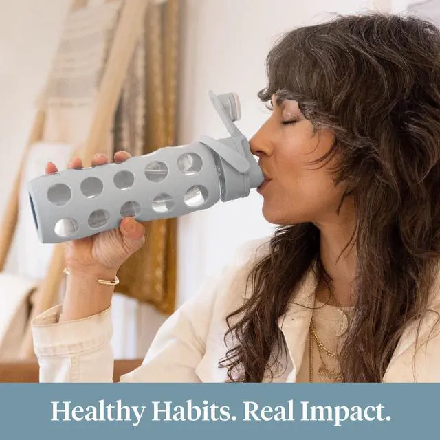 Alt view image 5 of 7 - Lifefactory 22-Ounce Active Flip Cap Glass Water Bottle, 22oz, Carbon