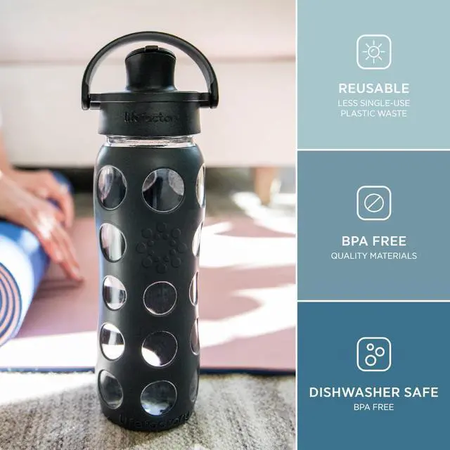 Alt view image 2 of 7 - Lifefactory 22-Ounce Active Flip Cap Glass Water Bottle, 22oz, Carbon