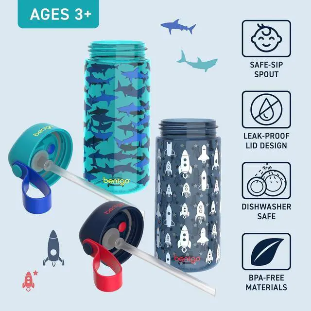 Alt view image 3 of 7 - Bentgo Kids Water Bottle 2-Pack - Leak-Proof, Durable Tritan, BPA-Free 15 oz. Cup for Kids/Toddlers Ages 3+, Safe Sip Spout, & Dishwasher Safe for School/Sports/Daycare/Camp (Rocket/Shark)