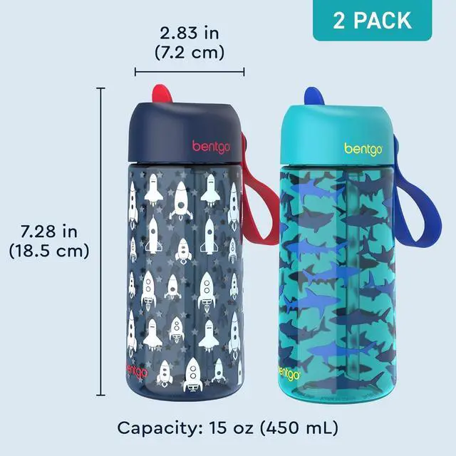 Alt view image 7 of 7 - Bentgo Kids Water Bottle 2-Pack - Leak-Proof, Durable Tritan, BPA-Free 15 oz. Cup for Kids/Toddlers Ages 3+, Safe Sip Spout, & Dishwasher Safe for School/Sports/Daycare/Camp (Rocket/Shark)